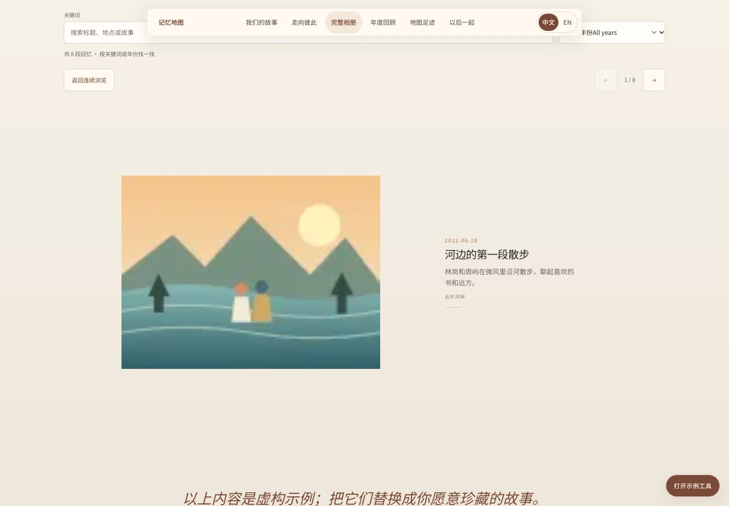 相册翻页模式，左侧显示河岸散步插画，右侧保留日期、标题、故事和地点